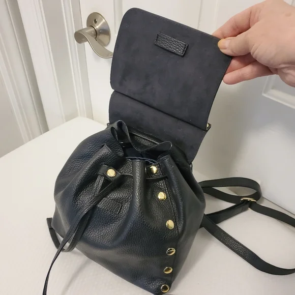 Pop BAG Black Pebble Grain Leather Backpack Top Handle Bag With Pouch - Picture 4 of 10